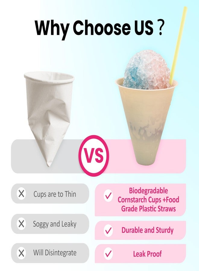 LUVCOSY Disposable Snow Cone Cups and Straws Set | 50-Pack Shaved Ice Cups -Biodegradable CornStarch| 100-Pack Colorful Plastic Spoon Straws | 4oz Ice Cream Party Supplies & Accessories - Image 5
