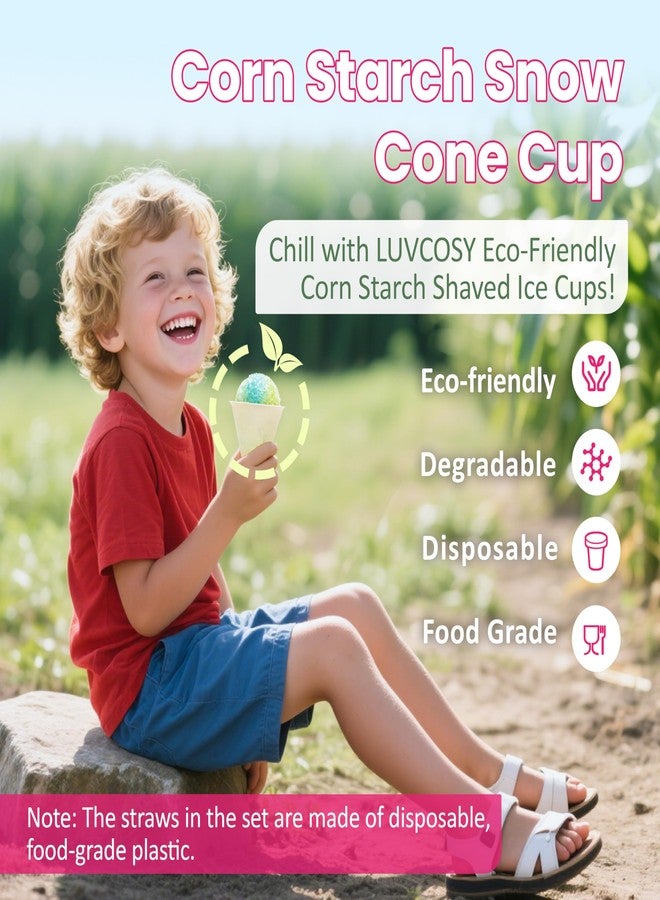 LUVCOSY Disposable Snow Cone Cups and Straws Set | 50-Pack Shaved Ice Cups -Biodegradable CornStarch| 100-Pack Colorful Plastic Spoon Straws | 4oz Ice Cream Party Supplies & Accessories - Image 3