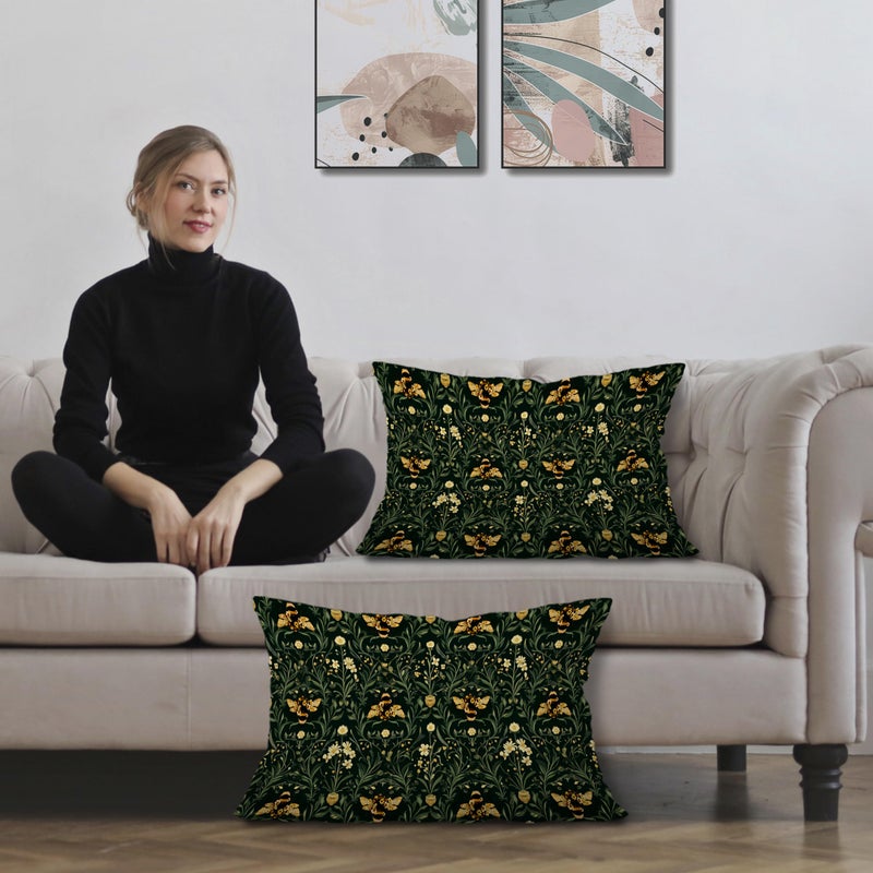 Exqcom Dark Green Botanical Bumblebee Floral Pillow Covers 12x20 Set of 2, Vintage Cottagecore Honeybee Flower Plants Decorative Lumbar Pillow Covers for Home Bedroom Living Room - Image 2