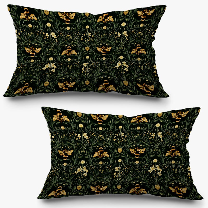 Exqcom Dark Green Botanical Bumblebee Floral Pillow Covers 12x20 Set of 2, Vintage Cottagecore Honeybee Flower Plants Decorative Lumbar Pillow Covers for Home Bedroom Living Room - Image 1