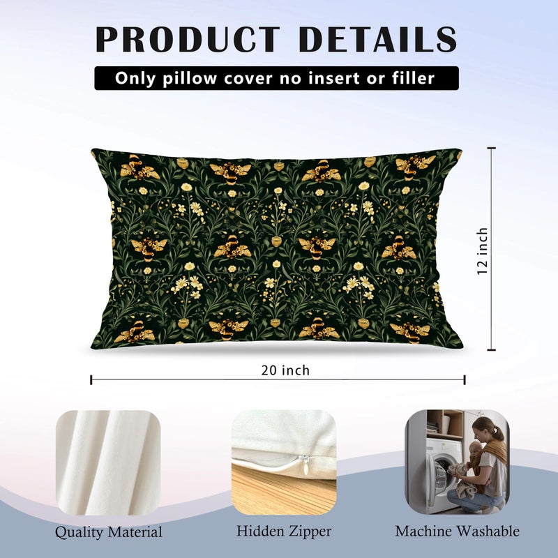 Exqcom Dark Green Botanical Bumblebee Floral Pillow Covers 12x20 Set of 2, Vintage Cottagecore Honeybee Flower Plants Decorative Lumbar Pillow Covers for Home Bedroom Living Room - Image 5