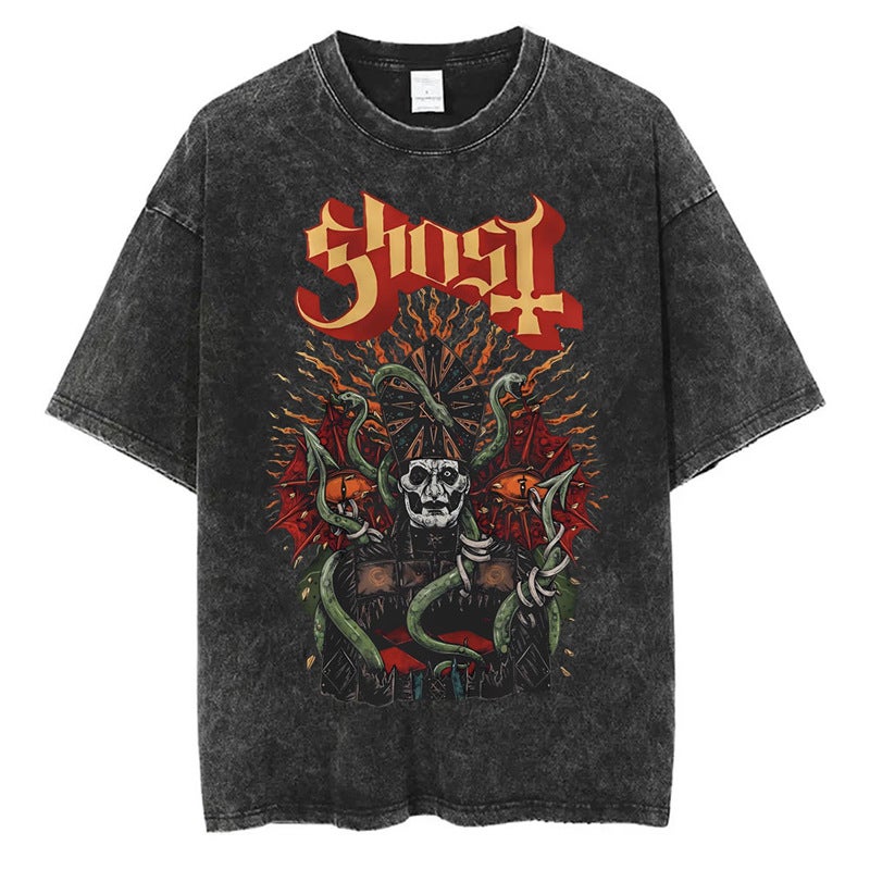 T-Shirt T-Shirt Band Station Gothic Comfortable Washed Men And Women Loose Ghost 2025 Independent Retro New Style - Image 1
