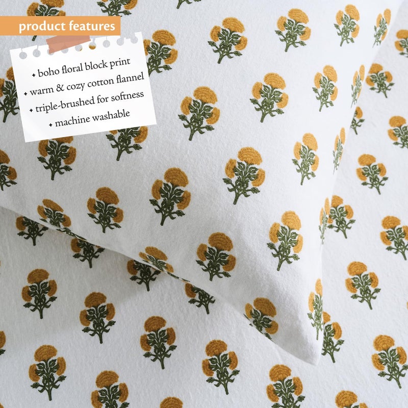 Indigo Ink - Full Bed Sheets, Cotton Flannel Bedding with Matching Pillowcases, Ultra-Soft Floral Bed Set, Medium-Weight for All Year Use, Oeko-Tex Certified (Golden Bloom Collection, White/Gold) - Image 5