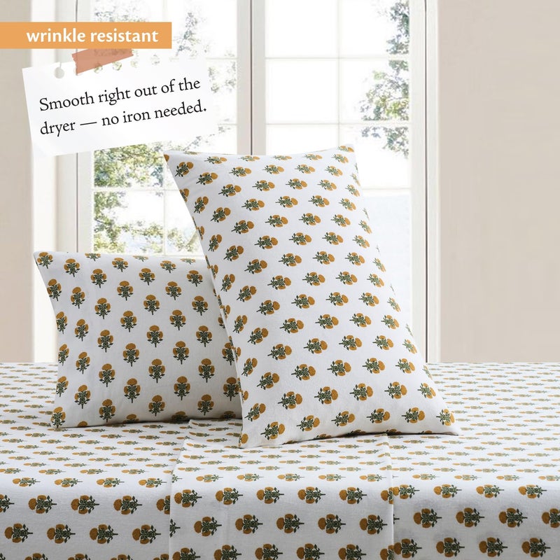 Indigo Ink - Full Bed Sheets, Cotton Flannel Bedding with Matching Pillowcases, Ultra-Soft Floral Bed Set, Medium-Weight for All Year Use, Oeko-Tex Certified (Golden Bloom Collection, White/Gold) - Image 2