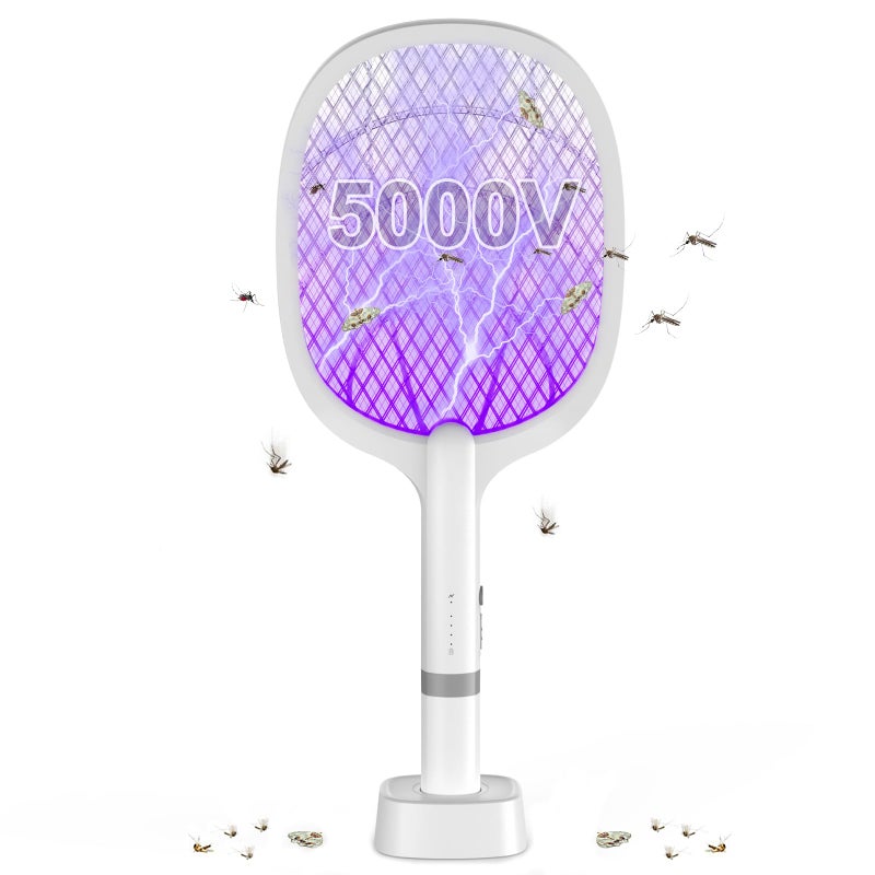 مضرب كهربائي للحشرات من DANGZW، 4000 فولت، قابل لإعادة الشحن عبر USB، مع قاعدة شحن وضوء LED (أبيض) - Image 1