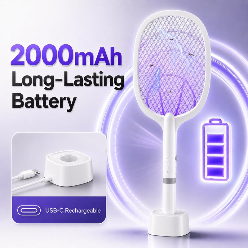 مضرب كهربائي للحشرات من DANGZW، 4000 فولت، قابل لإعادة الشحن عبر USB، مع قاعدة شحن وضوء LED (أبيض) - Image 3