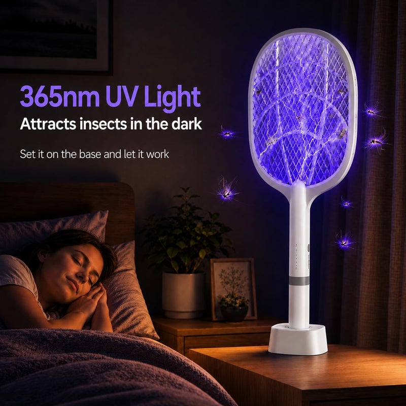 مضرب كهربائي للحشرات من DANGZW، 4000 فولت، قابل لإعادة الشحن عبر USB، مع قاعدة شحن وضوء LED (أبيض) - Image 5