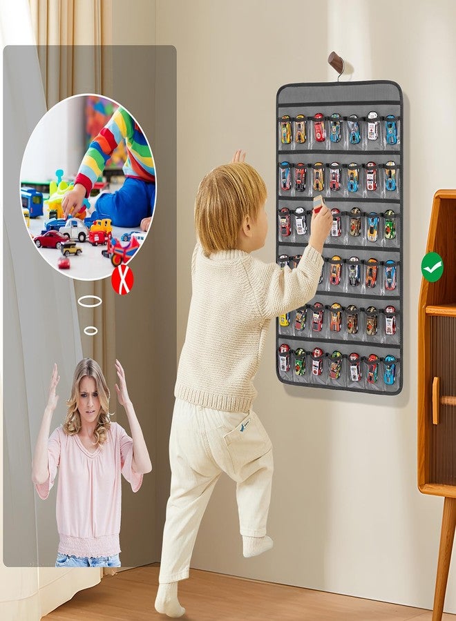 TEMUORG Toy Cars Wheels Storage Holder Matchbox Cars Organizer Dual Sided Hanging Toy Cars Display Case with 84 Clear Pockets (Dual Sides-Grey) - Image 3