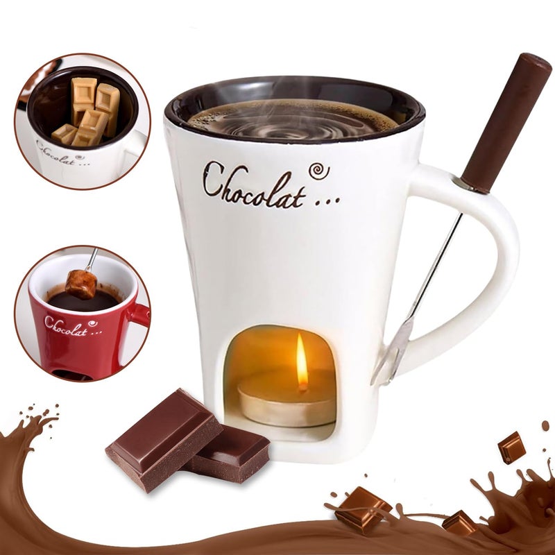 ploreatu Chocolate Fondue Mugs Contain Fondue Bliss Cup & Forks, Chocolate Melting Cup, Mini Chocolate Fondue Set Without Tealights, Fondue Cups With Forks For Date Night Birthday Wedding Gifts (White) - Image 1
