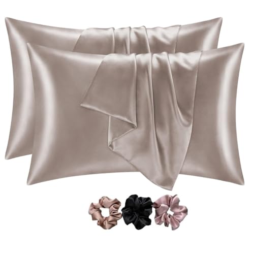 GO WELL Solid Satin Silk Pillow Covers Pack of 2 for Hair and Skin-with Satin Scrunchies for Women Stylish|Satin Pillow Cover|scrunchies for Women 3-Piece|Silk Pillow case (NewRose) 600 TC - Image 1
