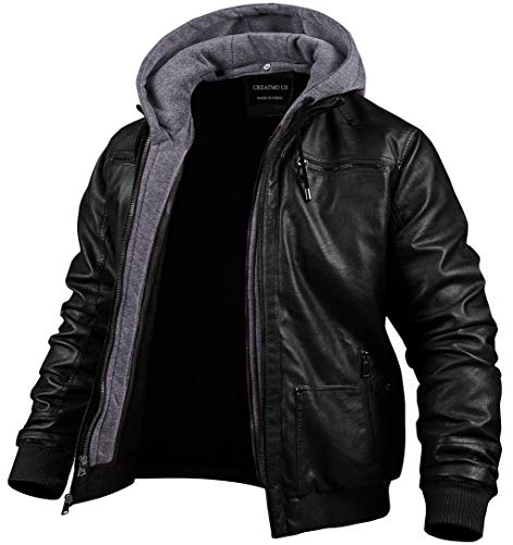 CREATMO US Men Leather Jacket with Hood Spring Motorcycle Jacket bomber jacket Black S - Image 1