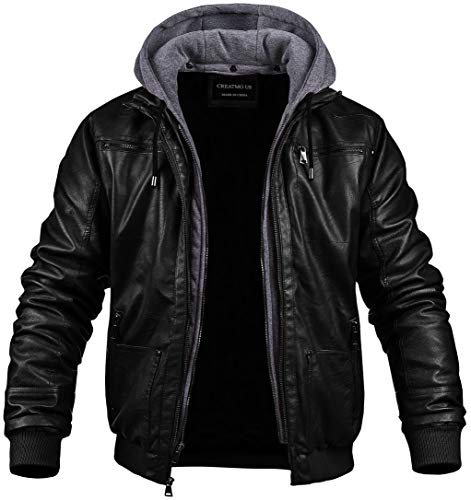 CREATMO US Men Leather Jacket with Hood Spring Motorcycle Jacket bomber jacket Black S - Image 2