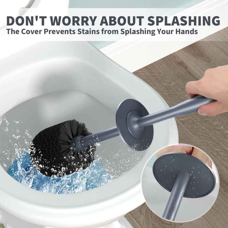 uptronic Toilet Brush and Holder 2 Pack, Toilet Bowl Brush with Extra Long Handle, Toilet Scrubber and Covered Holder, Toilet Brushes for Bathroom-Space Saving, Covered Brush, Durable, Deep Cleaning(Grey) - Image 3