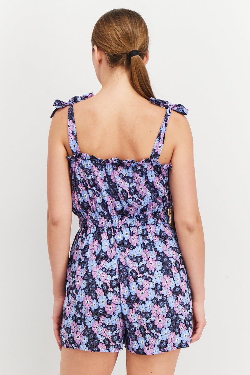 Sinsay Women Floral Print Sleeveless Playsuits, Black/Purple Combo  - Image 2