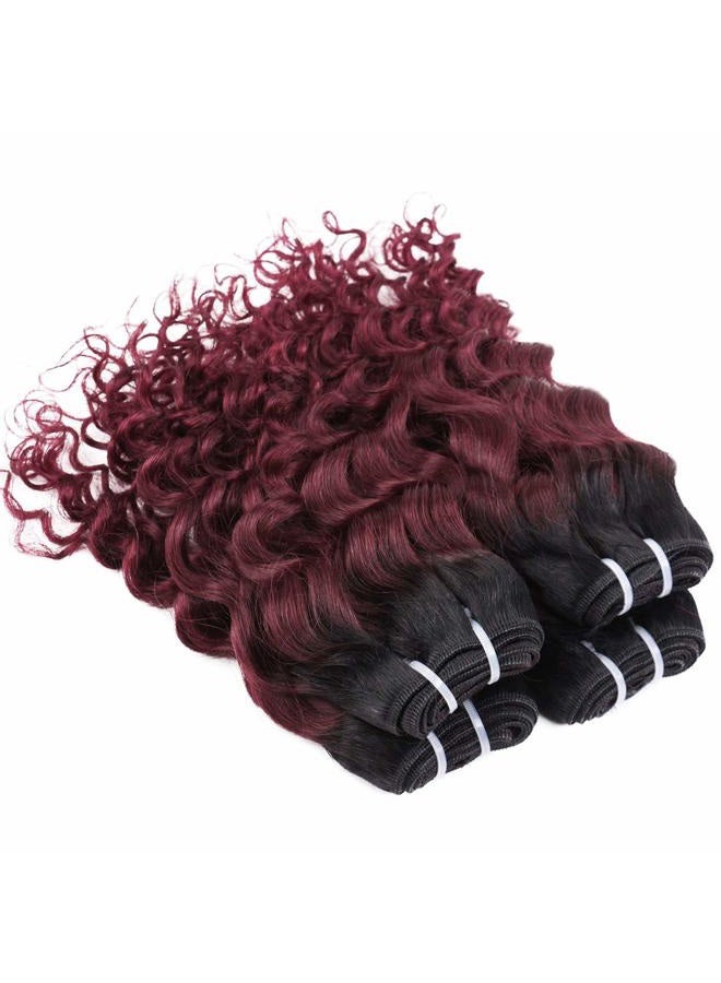 4 Bundles Deep Wave Short Bob Style Ombre 1B/99J Virgin Human Hair Bundles 50g Two Tone Burgundy Red Brazilian Hair Weave 14”