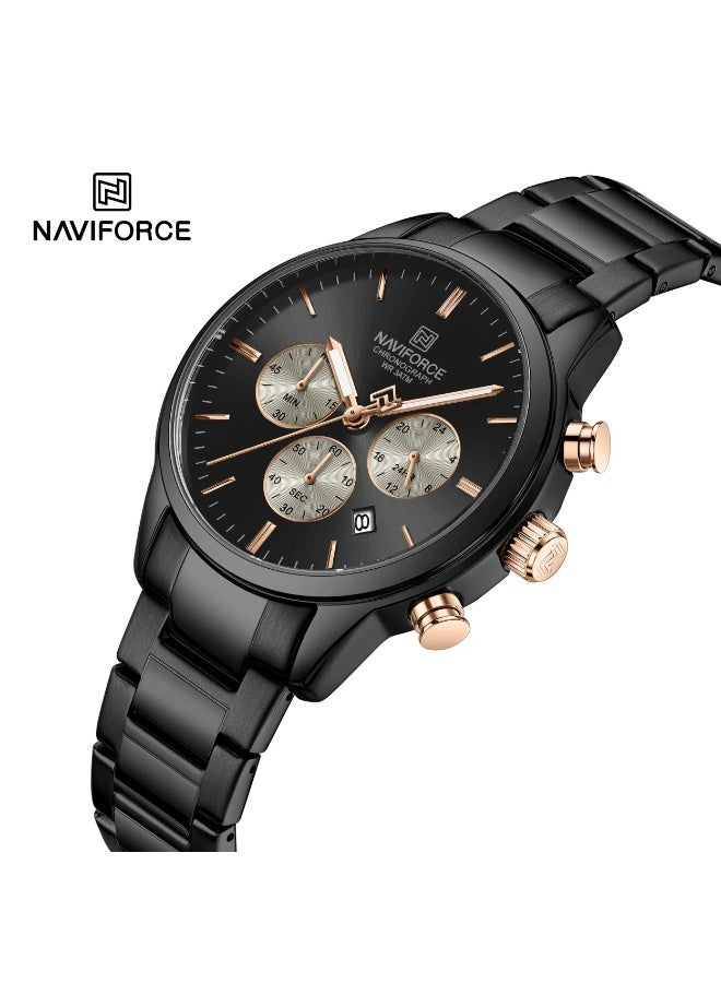 نافيفورس ساعة نافيفورس NF-8076 رجالي كرونوغراف – مينا أسود مع سوار أسود ستانلس ستيل وأزرار روز جولد – 42مم، تاريخ، مقاومة ماء 3ATM - Image 1