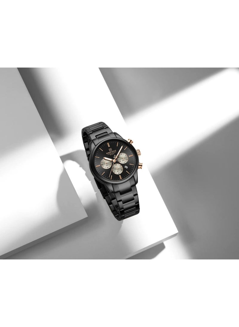 نافيفورس ساعة نافيفورس NF-8076 رجالي كرونوغراف – مينا أسود مع سوار أسود ستانلس ستيل وأزرار روز جولد – 42مم، تاريخ، مقاومة ماء 3ATM - Image 4