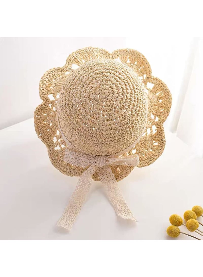 SOLARAE Baby Sun Hat, Baby Straw Hat, Baby Girl Straw Hat, Baby Girl Sun Hat, Toddler Summer Sun Cap with Bow, Baby Beach Hat, Foldable Beach Sun Protection Hats for 2-6 Years, Beige - Image 2