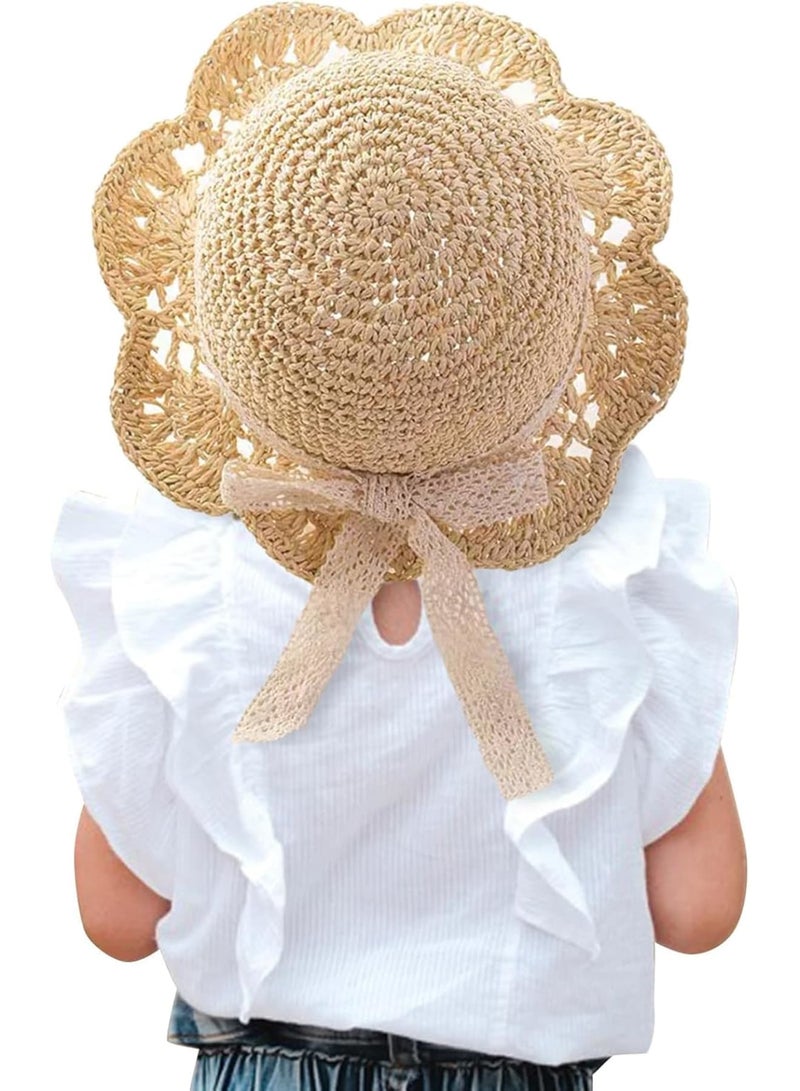 SOLARAE Baby Sun Hat, Baby Straw Hat, Baby Girl Straw Hat, Baby Girl Sun Hat, Toddler Summer Sun Cap with Bow, Baby Beach Hat, Foldable Beach Sun Protection Hats for 2-6 Years, Beige - Image 1