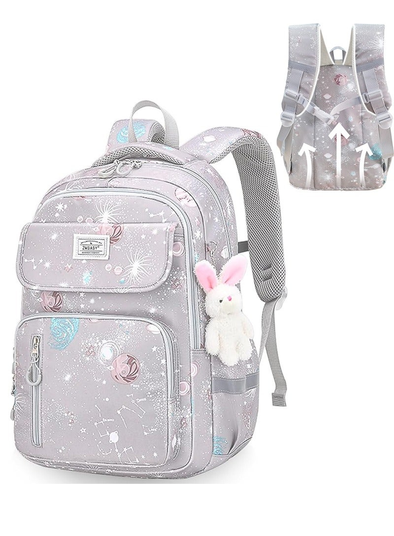 زمبابي حقيبة مدرسية للبنات، شنط مدرسة للأطفال كبيرة وخفيفة الوزن، شنط مدرسية للطلاب بحزام واحد (رمادي) - Image 1