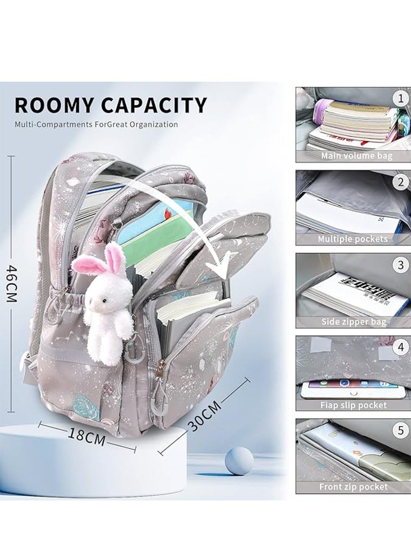 زمبابي حقيبة مدرسية للبنات، شنط مدرسة للأطفال كبيرة وخفيفة الوزن، شنط مدرسية للطلاب بحزام واحد (رمادي) - Image 4