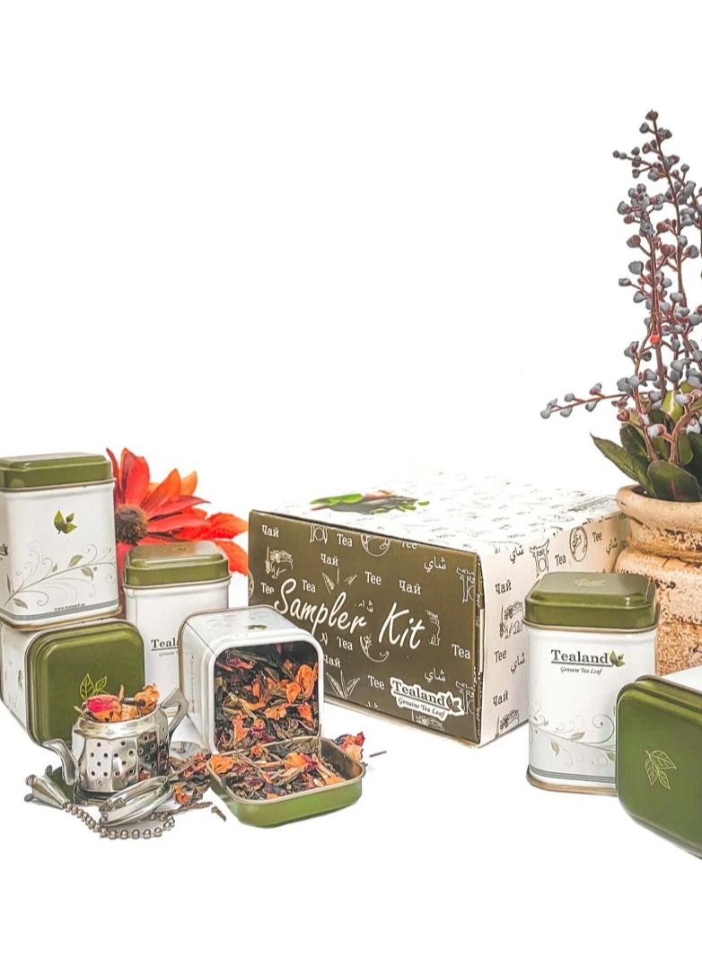 تيلاند مجموعة العينات Love Flavours of Green South Sea Pearl (12g) Le Touareg (10g) Gingerly Green (8g) Goji Acai (10g) Dandelion Bouquet (10g) Lemonade Fusion (10g) Tea Pot Infuser with Tray & Tin (6pcs) - Image 3