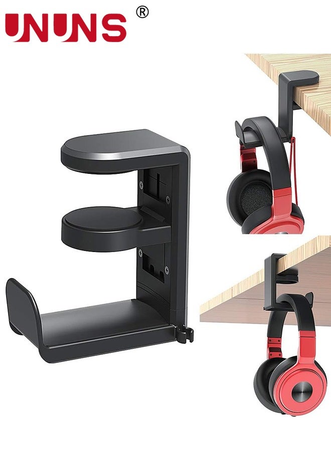 UNUNS - Headset Headphone Hook Holder Hanger Mount, PC Gaming Headphones Stand with Adjustable & Rotating Arm Clamp, Under Desk Design, Universal Fit, Built in Cable Clip Organizer, Black - Image 1