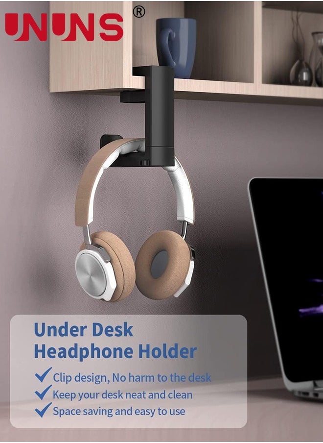 UNUNS - Headset Headphone Hook Holder Hanger Mount, PC Gaming Headphones Stand with Adjustable & Rotating Arm Clamp, Under Desk Design, Universal Fit, Built in Cable Clip Organizer, Black - Image 1
