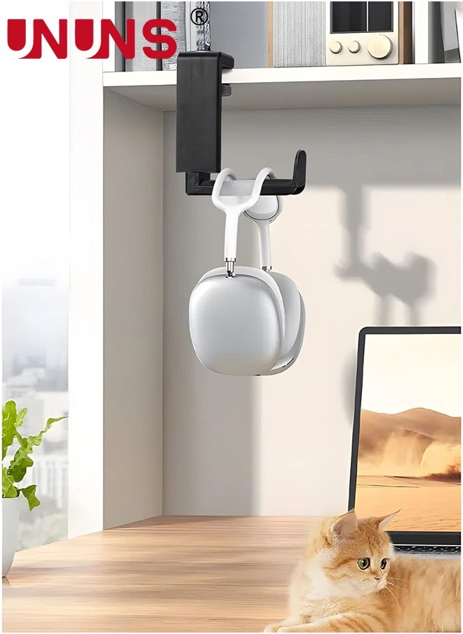 UNUNS - Headset Headphone Hook Holder Hanger Mount, PC Gaming Headphones Stand with Adjustable & Rotating Arm Clamp, Under Desk Design, Universal Fit, Built in Cable Clip Organizer, Black - Image 1