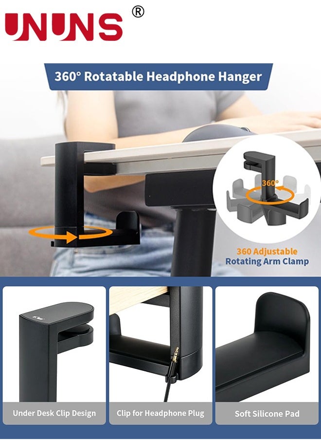 UNUNS - Headset Headphone Hook Holder Hanger Mount, PC Gaming Headphones Stand with Adjustable & Rotating Arm Clamp, Under Desk Design, Universal Fit, Built in Cable Clip Organizer, Black - Image 1