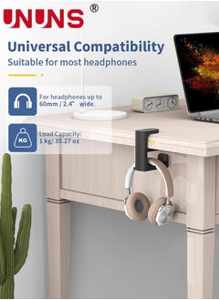 UNUNS حامل خطاف لسماعات الرأس، حامل لسماعات ألعاب الكمبيوتر مع مشبك ذراع قابل للتعديل والدوران، تصميم تحت المكتب، ملائم عالمي، منظم مشبك كابل مدمج، أسود  - Image 4