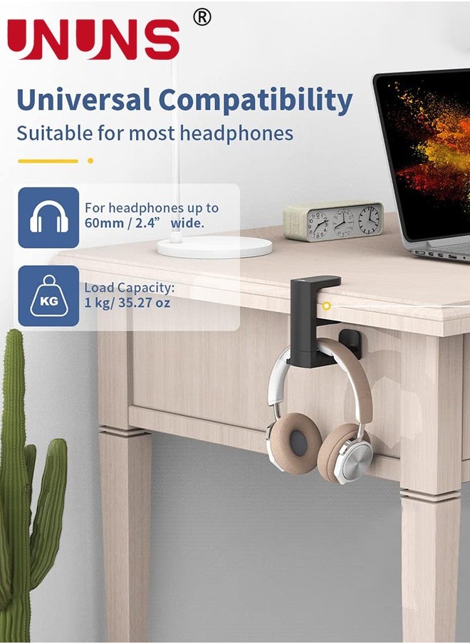 UNUNS - Headset Headphone Hook Holder Hanger Mount, PC Gaming Headphones Stand with Adjustable & Rotating Arm Clamp, Under Desk Design, Universal Fit, Built in Cable Clip Organizer, Black - Image 1