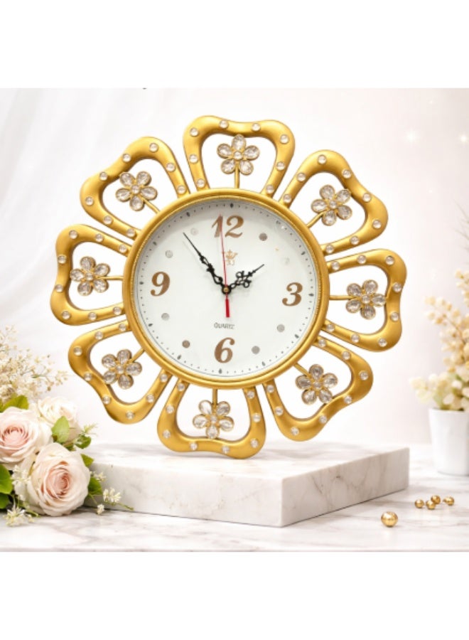 Modern Flower-Shaped Decorative Wall Clock - Gold Color - Studded with Crystals - Quartz Movement