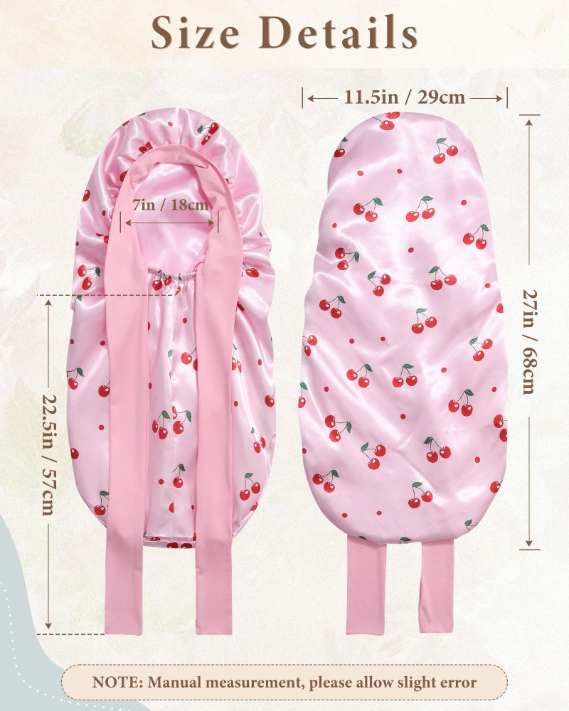 AWAYTR Long Satin Bonnet for Sleeping, Reversible Double Layer Hair Bonnet with Elastic Tie Band (Cherry Print+Pink) - Image 3