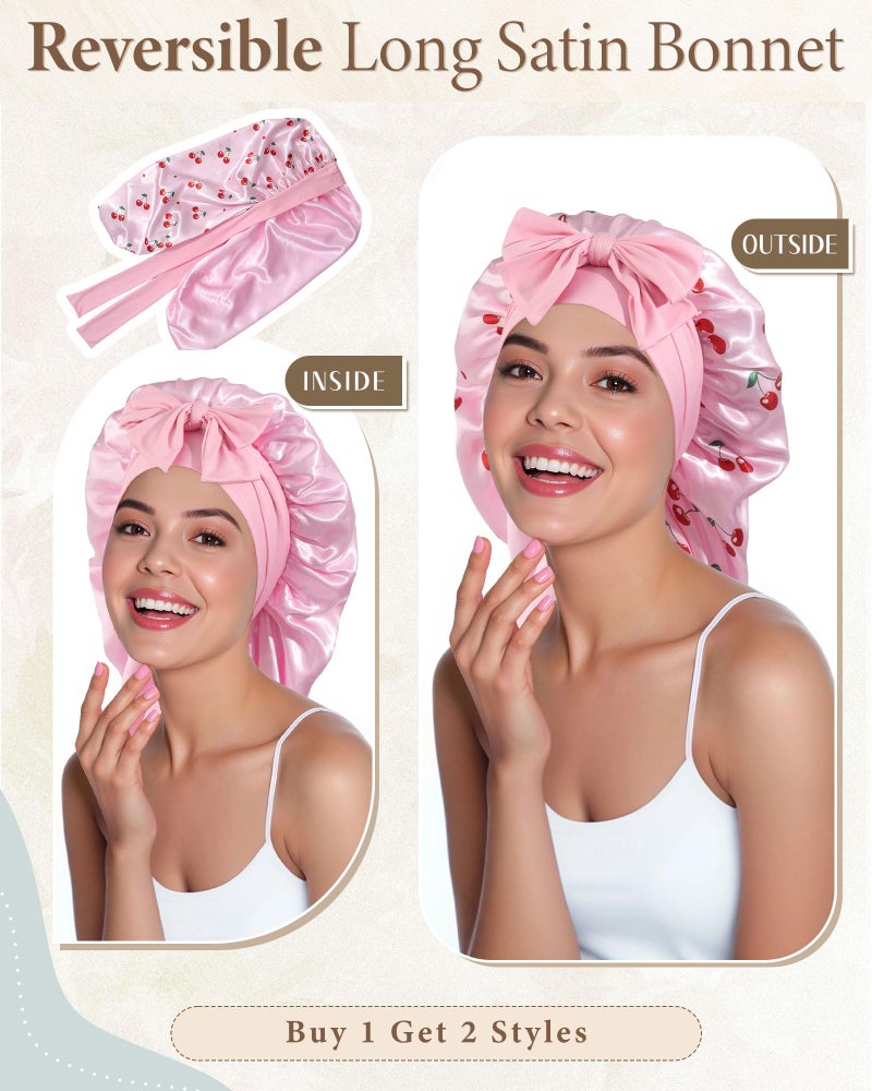 AWAYTR Long Satin Bonnet for Sleeping, Reversible Double Layer Hair Bonnet with Elastic Tie Band (Cherry Print+Pink) - Image 2