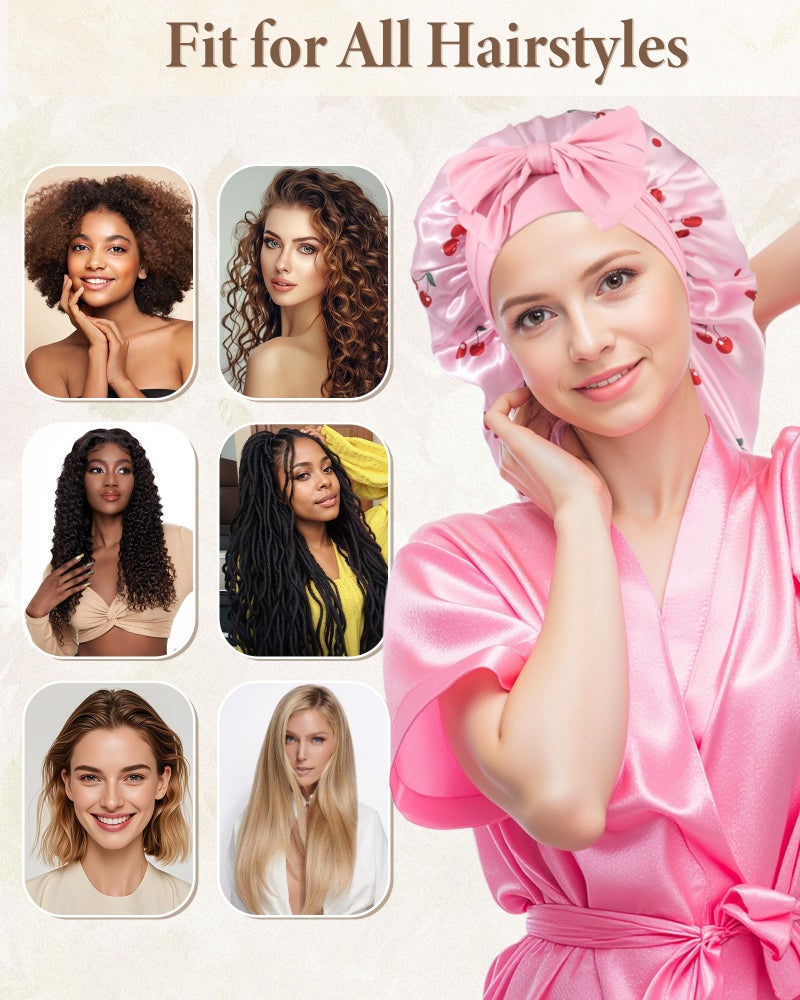 AWAYTR Long Satin Bonnet for Sleeping, Reversible Double Layer Hair Bonnet with Elastic Tie Band (Cherry Print+Pink) - Image 5