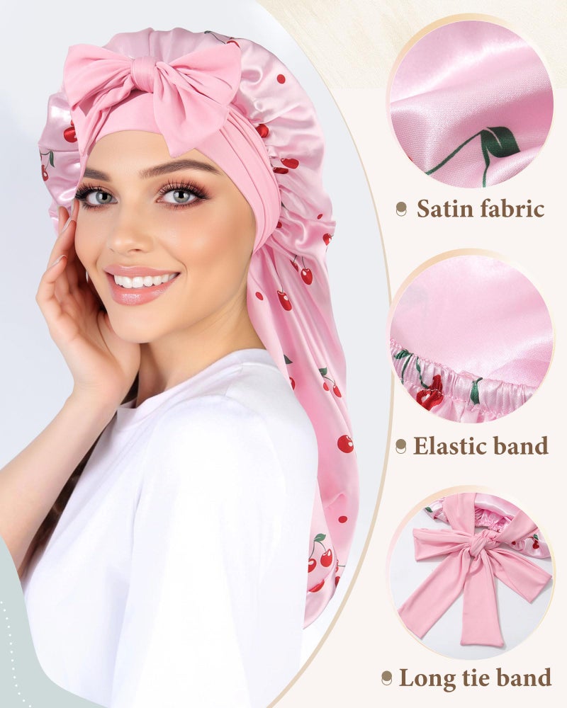 AWAYTR Long Satin Bonnet for Sleeping, Reversible Double Layer Hair Bonnet with Elastic Tie Band (Cherry Print+Pink) - Image 4