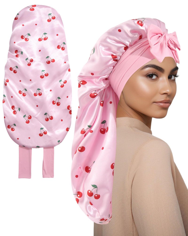 AWAYTR Long Satin Bonnet for Sleeping, Reversible Double Layer Hair Bonnet with Elastic Tie Band (Cherry Print+Pink) - Image 1