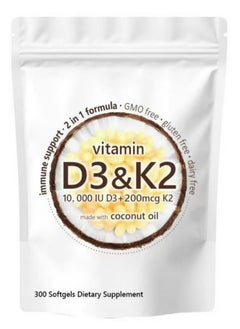 Vitamin D3 10000 IU + K2 MK-7 200 mcg, 180 Softgels with Virgin Coconut Oil, 2-in-1 Formula for Calcium Absorption, Bone, Immune & Heart Health, Easy to Swallow
