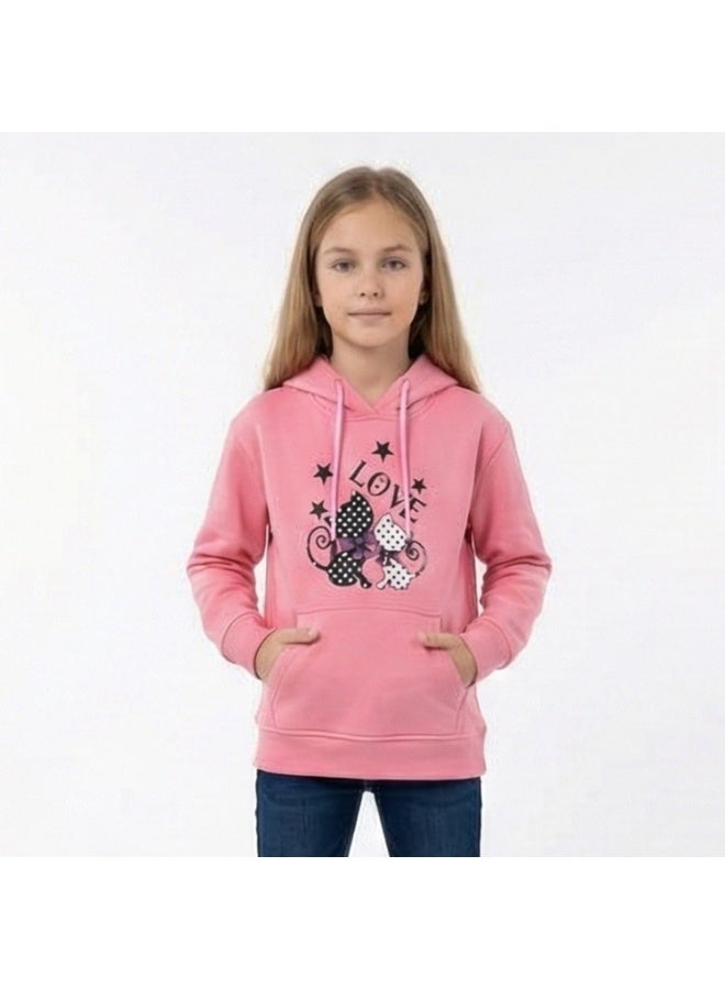 Caesar Girls' winter Melton hoodie with prints on the chest - Image 1