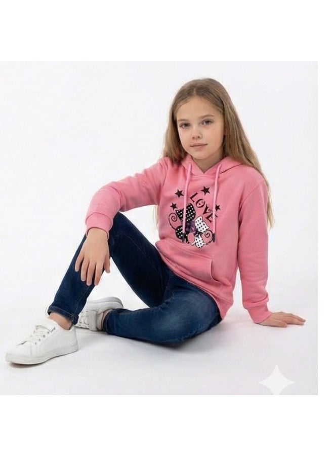 Caesar Girls' winter Melton hoodie with prints on the chest - Image 3