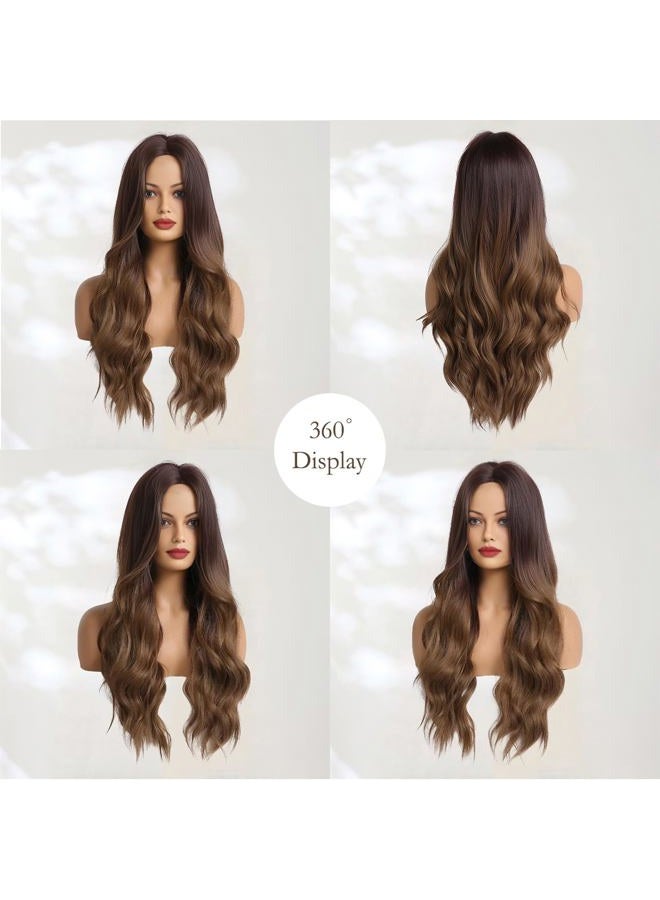 Haoland باروكة نسائية متموجة بني Ombre طويلة 26 بوصة مع جزء وسطي ومجعدة، باروكة صناعية ساحرة بشعر بني متموج مقاوم للحرارة للاستخدام في حفلات الزفاف والحفلات اليومية. - Image 2