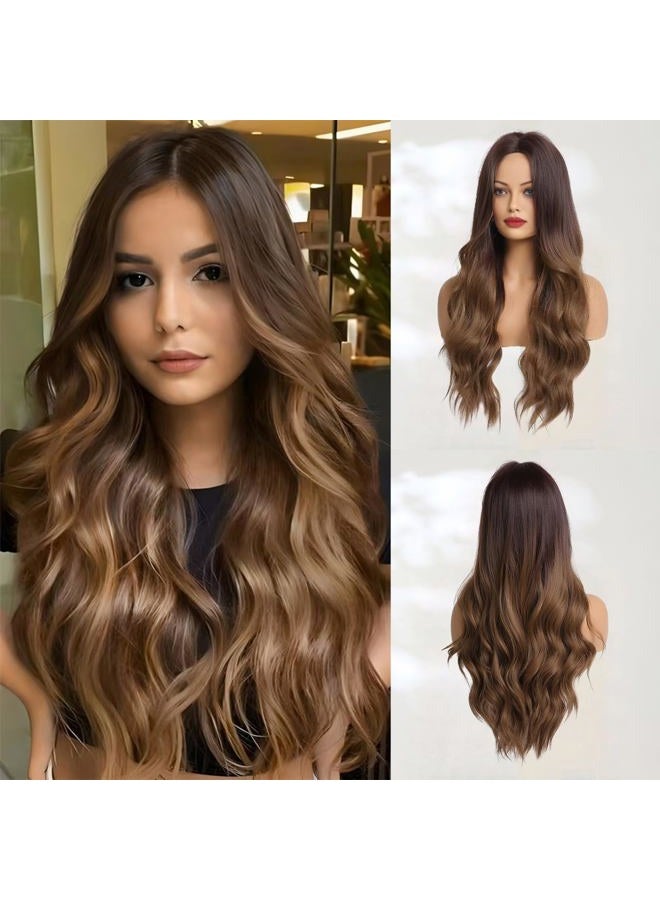 Haoland باروكة نسائية متموجة بني Ombre طويلة 26 بوصة مع جزء وسطي ومجعدة، باروكة صناعية ساحرة بشعر بني متموج مقاوم للحرارة للاستخدام في حفلات الزفاف والحفلات اليومية. - Image 1