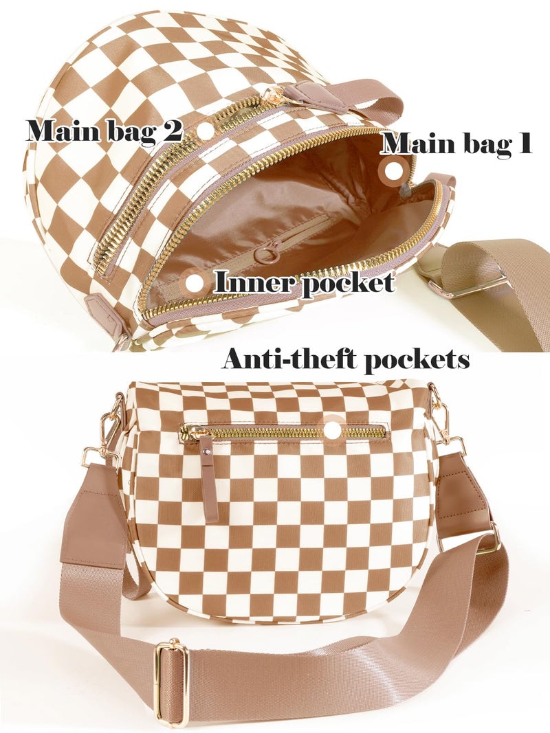 MEISEY Black and White Checkered Crossbody Bag Bum Bag for Women,Spacious Checkered Purse Fanny Packs Belt Bag (Light Brown Checkered) - Image 4