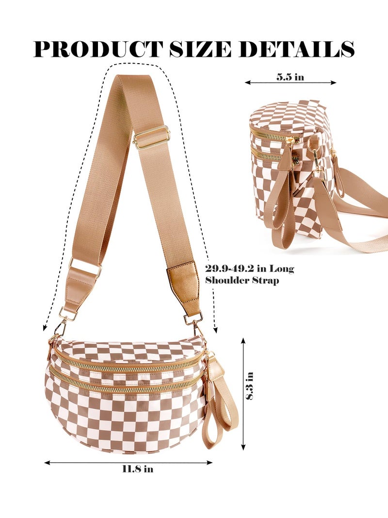 MEISEY Black and White Checkered Crossbody Bag Bum Bag for Women,Spacious Checkered Purse Fanny Packs Belt Bag (Light Brown Checkered) - Image 3