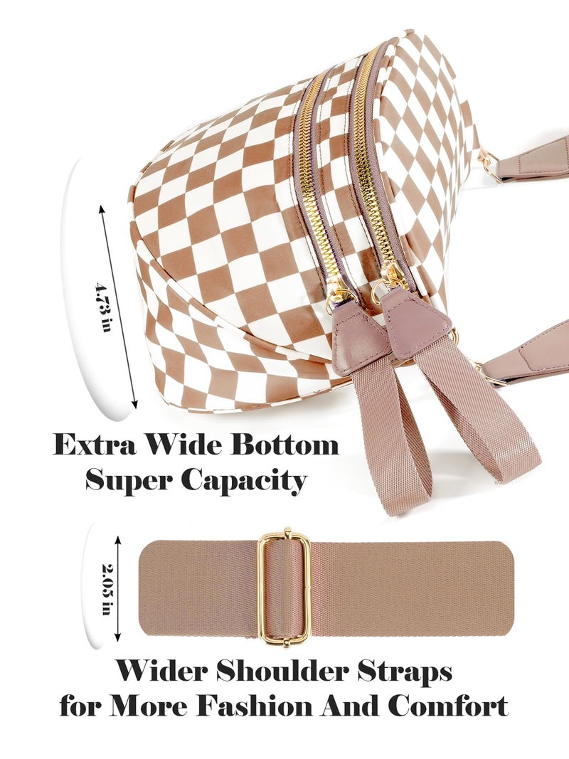 MEISEY Black and White Checkered Crossbody Bag Bum Bag for Women,Spacious Checkered Purse Fanny Packs Belt Bag (Light Brown Checkered) - Image 5