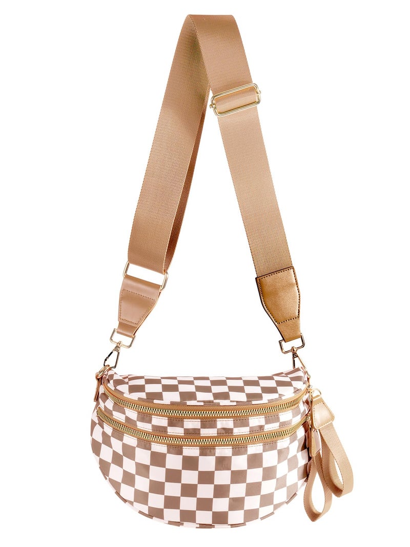MEISEY Black and White Checkered Crossbody Bag Bum Bag for Women,Spacious Checkered Purse Fanny Packs Belt Bag (Light Brown Checkered) - Image 1