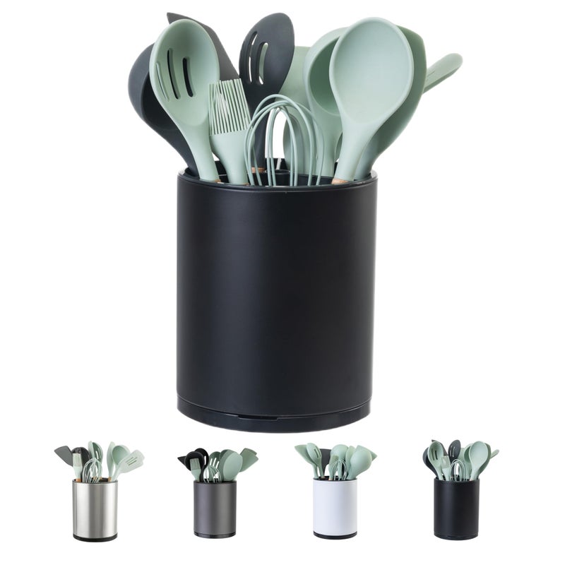 LIBODOUR Kitchen Utensil Holder Extra Large 360Â°Rotating For Counter Organizer Stainless Steel Storage Cooking Silverware Caddy 3 Compartment Flatware Spoon Spatula Tool Cutlery Containerï¼ˆBlackï¼‰ - Image 1