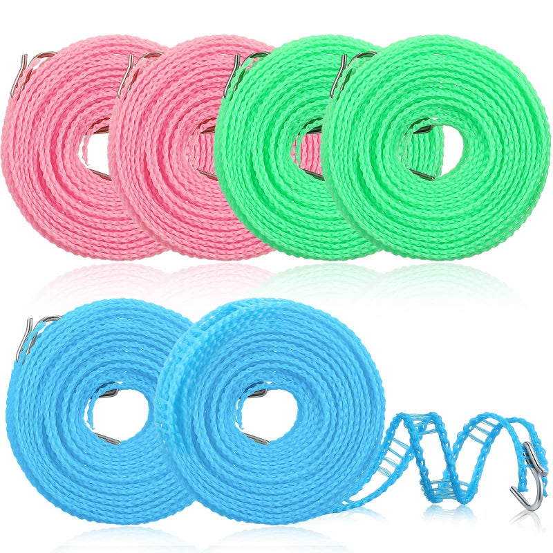 6 Pack Travel Portable Clothesline 164 ft Clothes Hanging Rope for Drying Adjustable Nylon Camping Clothesline for Indoor Outdoor Laundry Camping Home