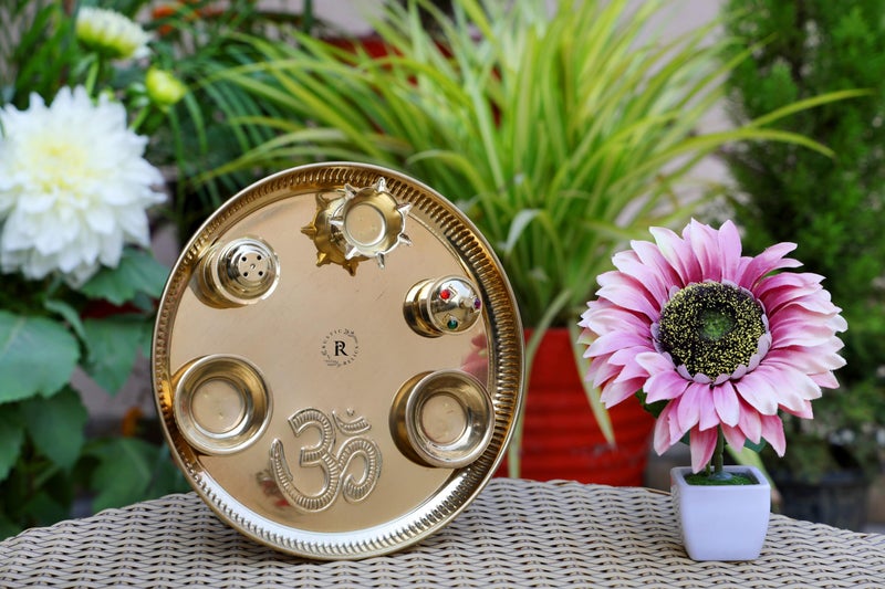 RUSTIC RELICS 9-Inch Brass Navratri Pooja Thali with Attached Diya, 2 Bowls, Agarbatti Stand, and Gold Finish Kumkum Bowl - Image 2